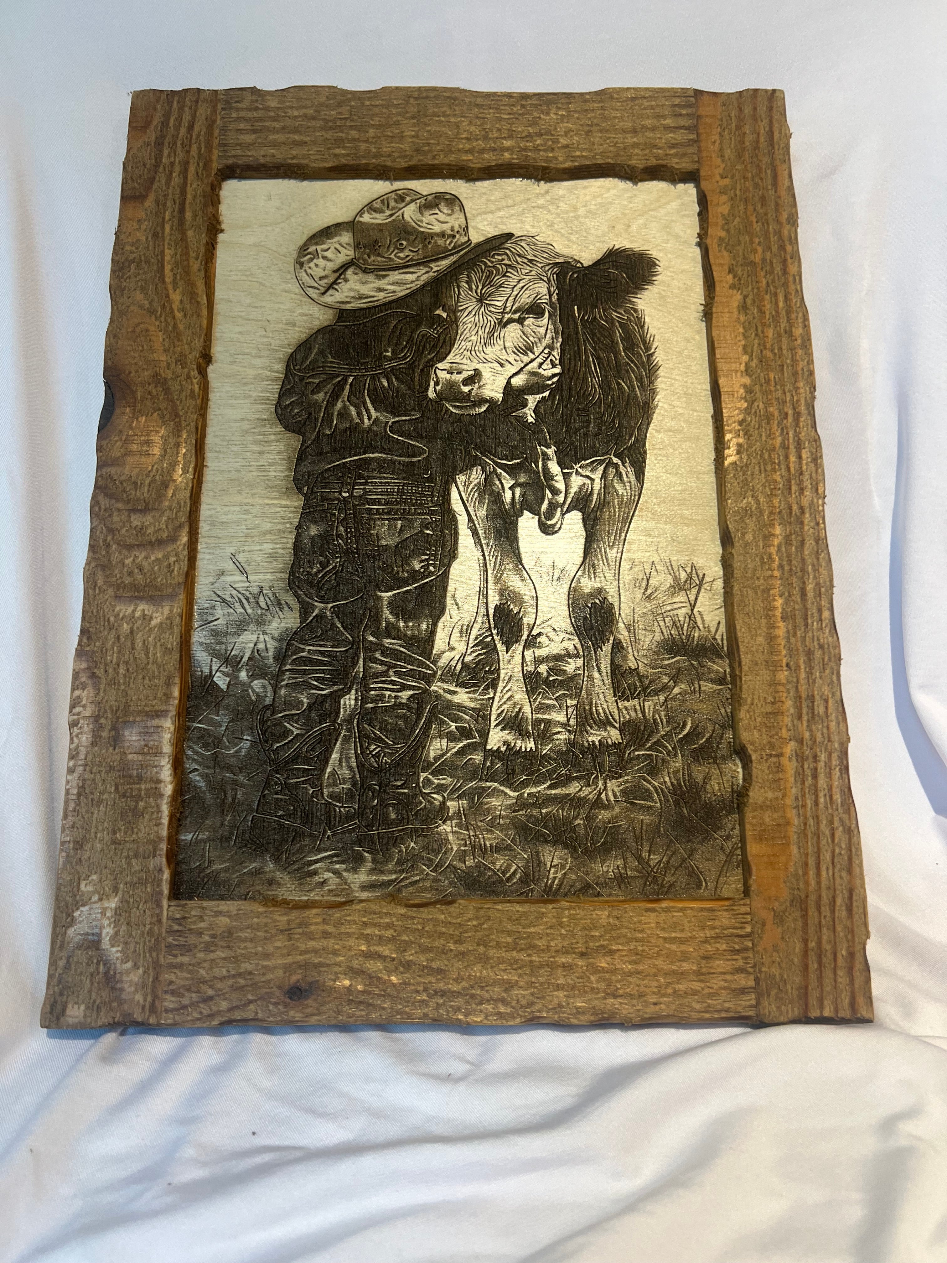 Cowgirl Hugging Calf 13.5x10